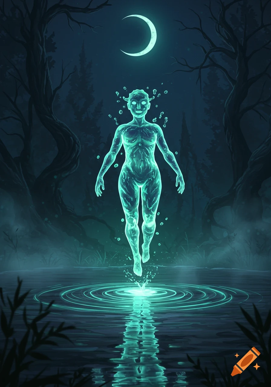 A glowing, ethereal humanoid water spirit emerges from a dark pond in a moonlit forest.