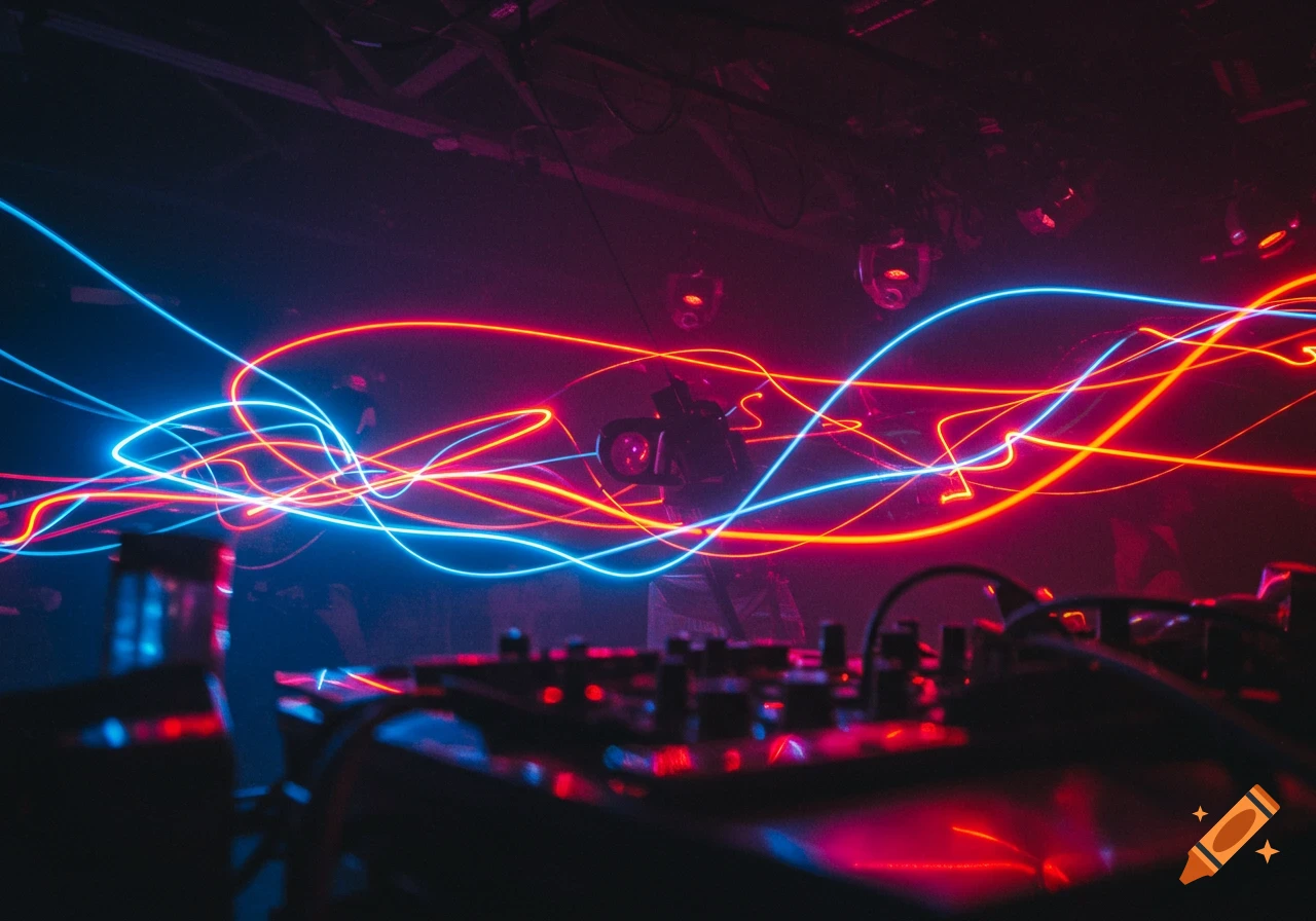 Dynamic blue and red light trails swirl above a blurred DJ deck in a dark concert venue, creating an abstract effect.
