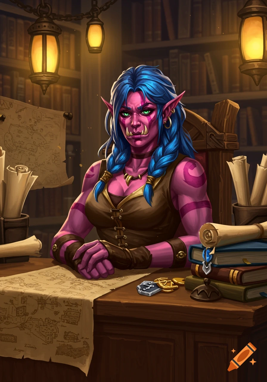 A blue-haired, pink-skinned female orc sits at a wooden desk in a cozy library, surrounded by maps, scrolls, and books.