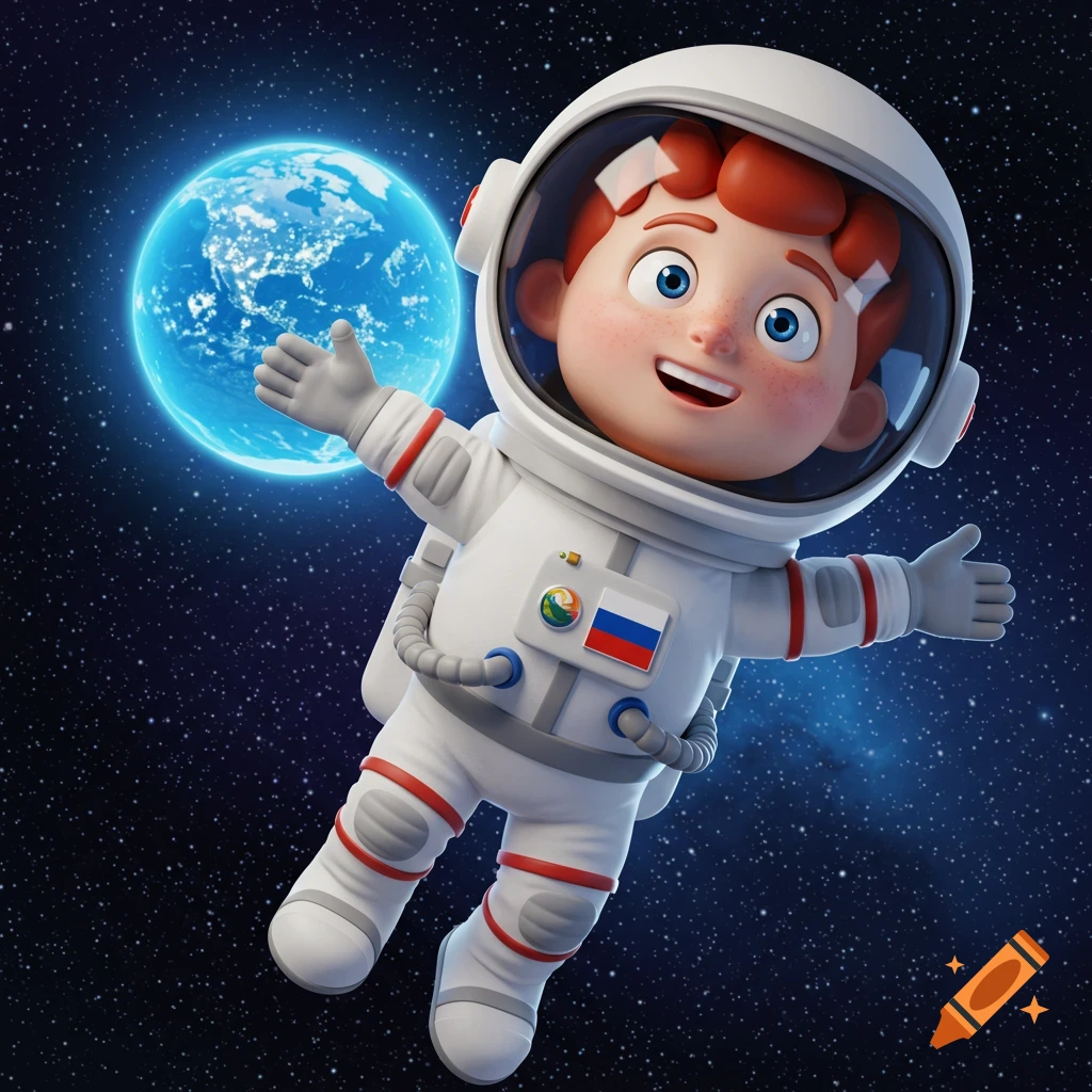 A friendly 3D cartoon boy astronaut in a white suit with a Russian flag floats in space near a glowing Earth.