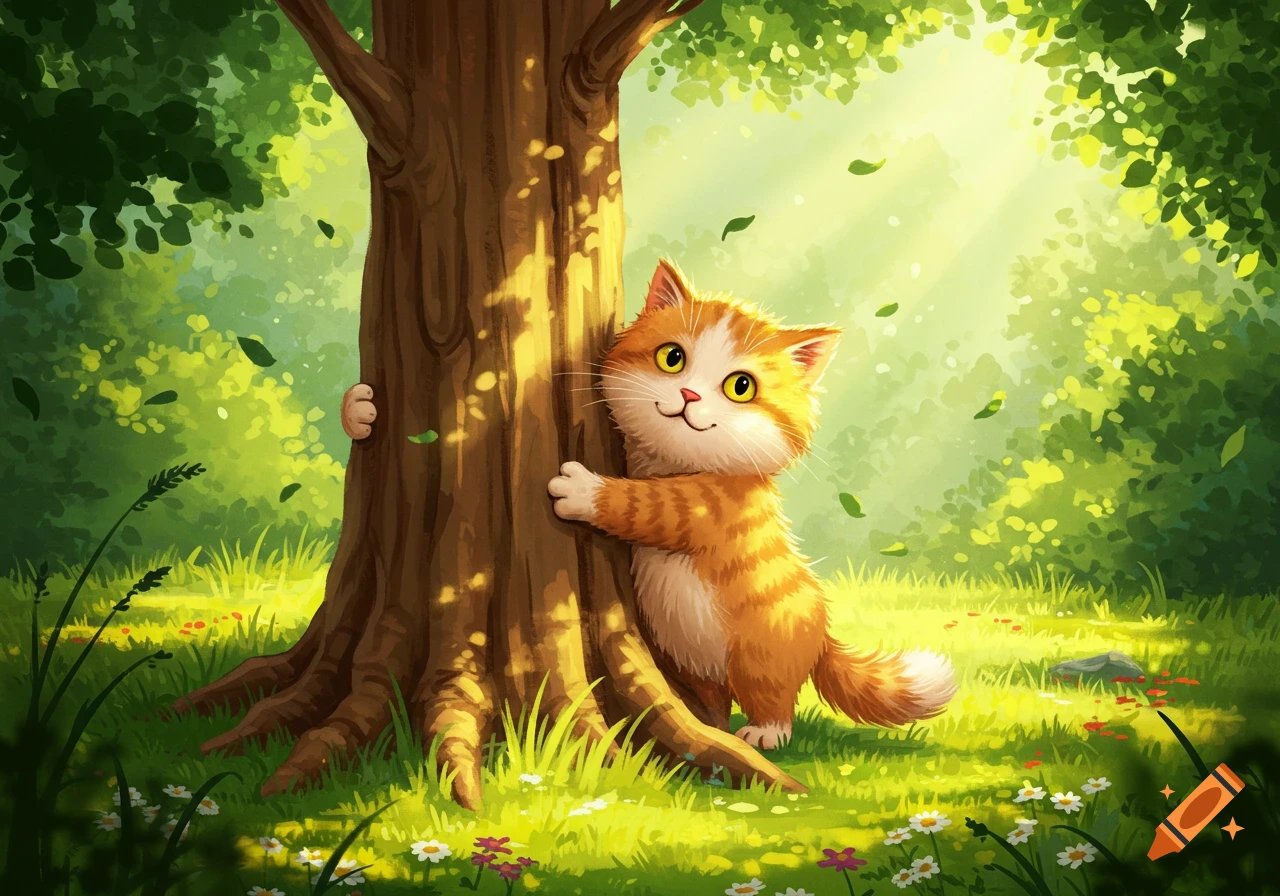 A cute, orange and white striped cartoon cat hugs a tree in a bright, sunny green forest.