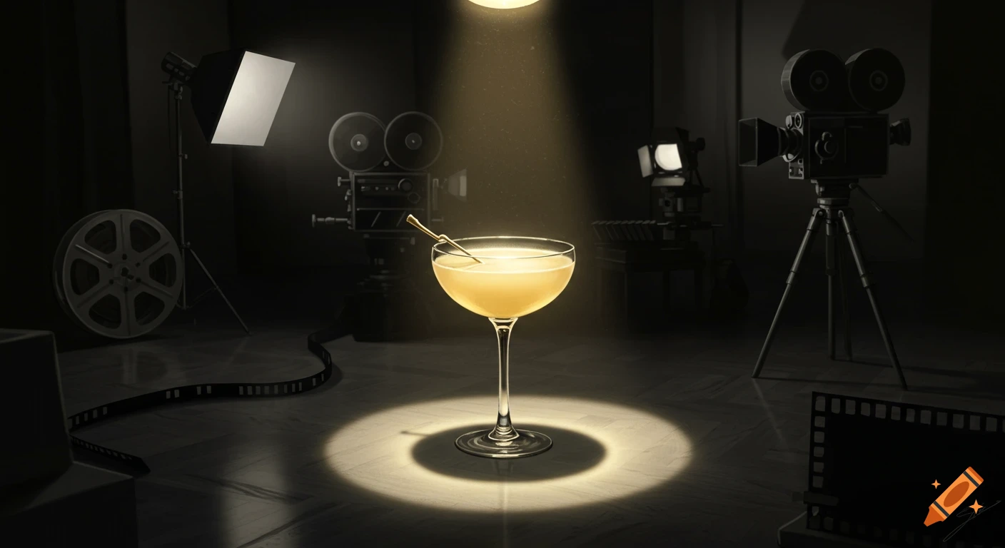 A pale yellow cocktail in a coupe glass under a spotlight on a dark 1950s movie set with vintage film equipment and dramatic shadows.