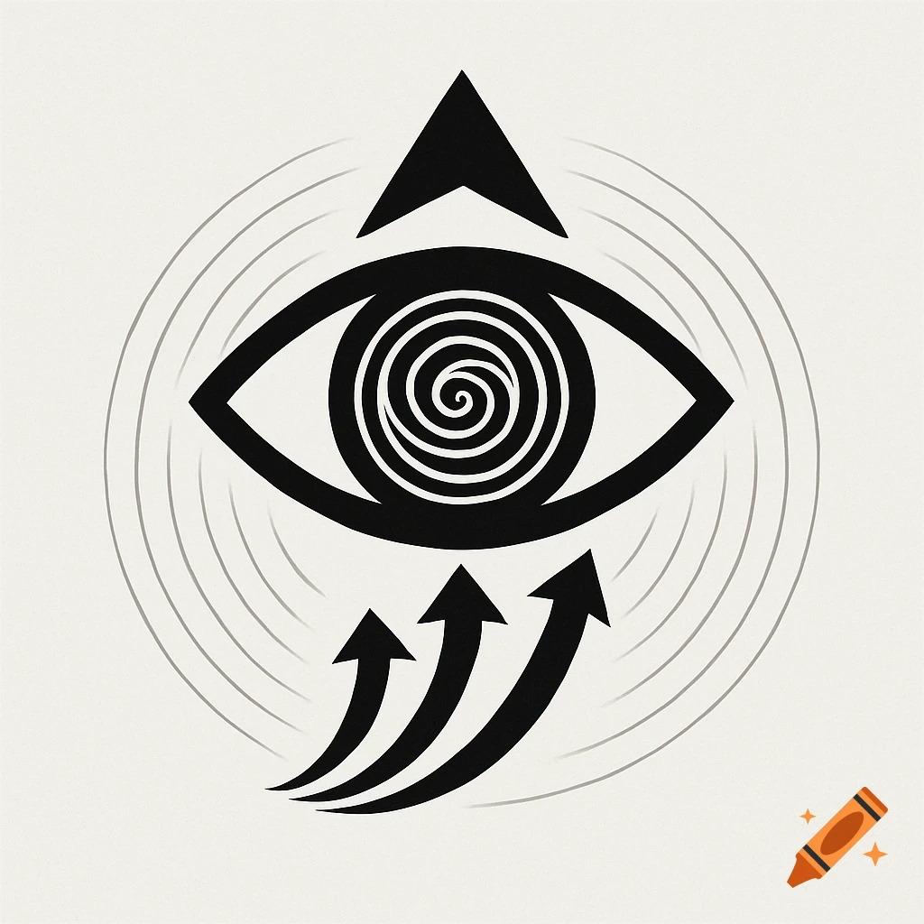 A black and white symbolic logo featuring an eye with a spiral iris, a triangle, three upward arrows, and concentric circles.
