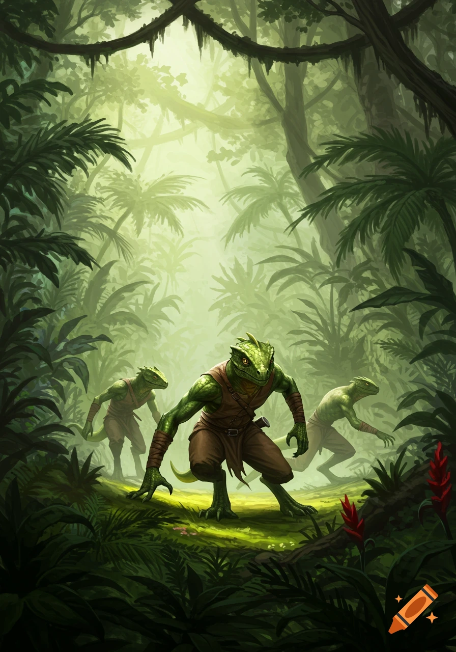 Three green lizardfolk crawl through a lush, misty jungle with palm trees and vibrant foliage, illuminated by bright light.