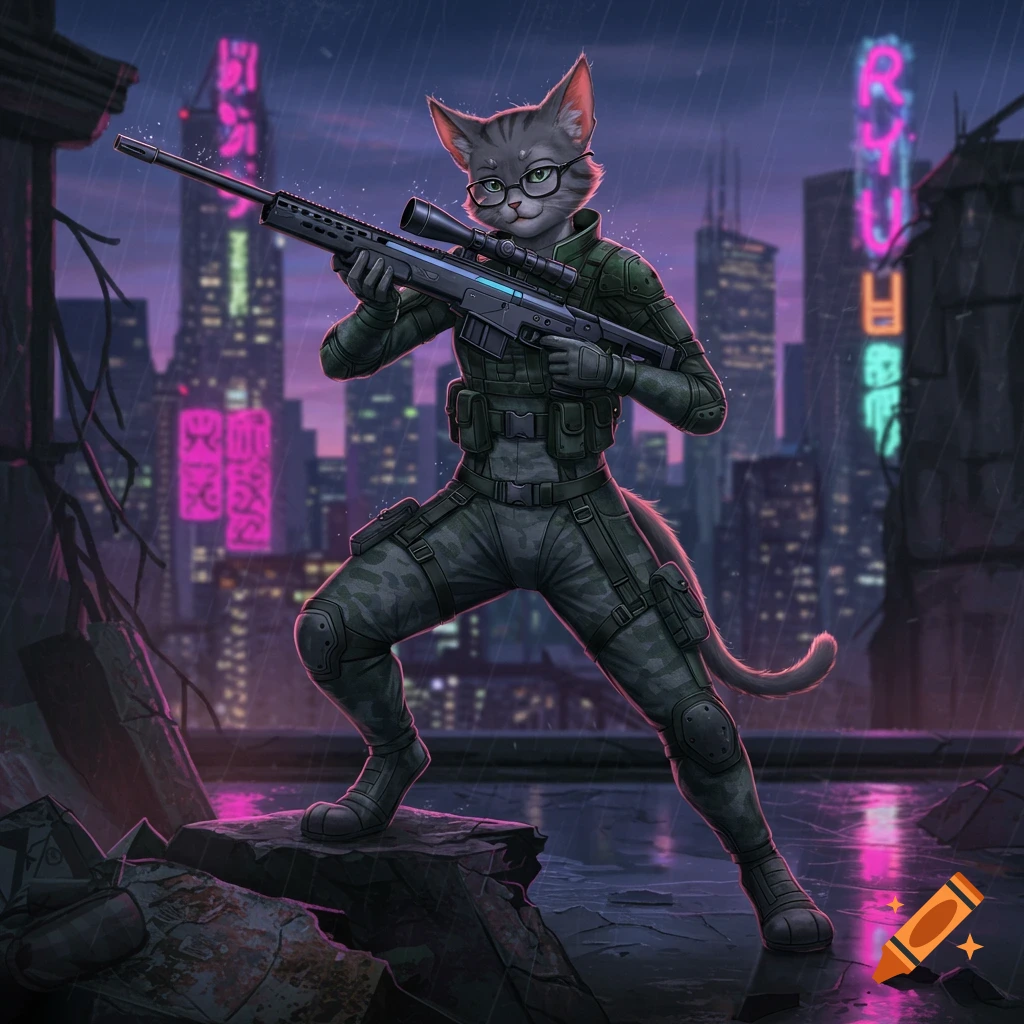 A grey anthropomorphic cat sniper in a military outfit and glasses holds a rifle on a rainy cyberpunk rooftop at night.