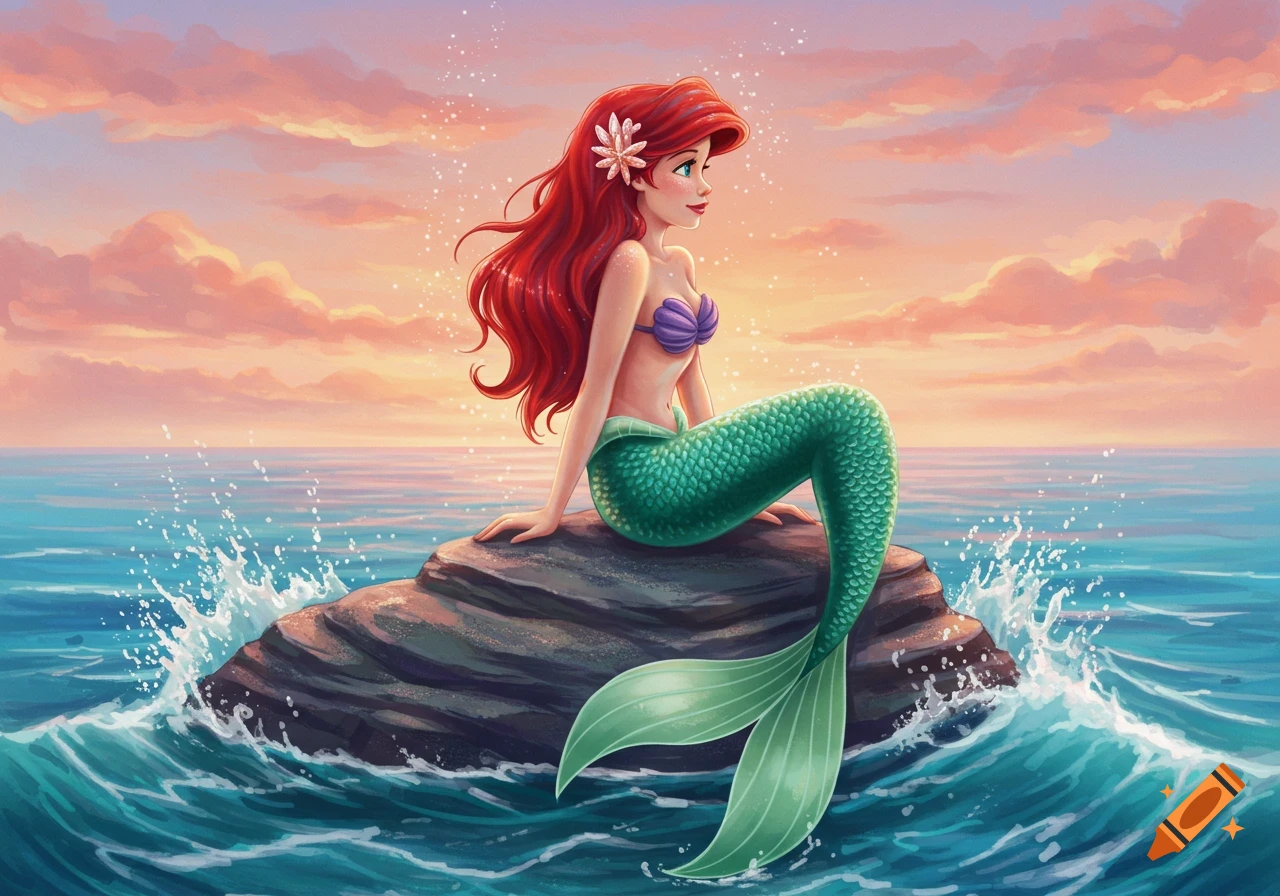 A red-haired mermaid with a green tail sits on a rock in the ocean, looking right, with a sunset sky in the background.