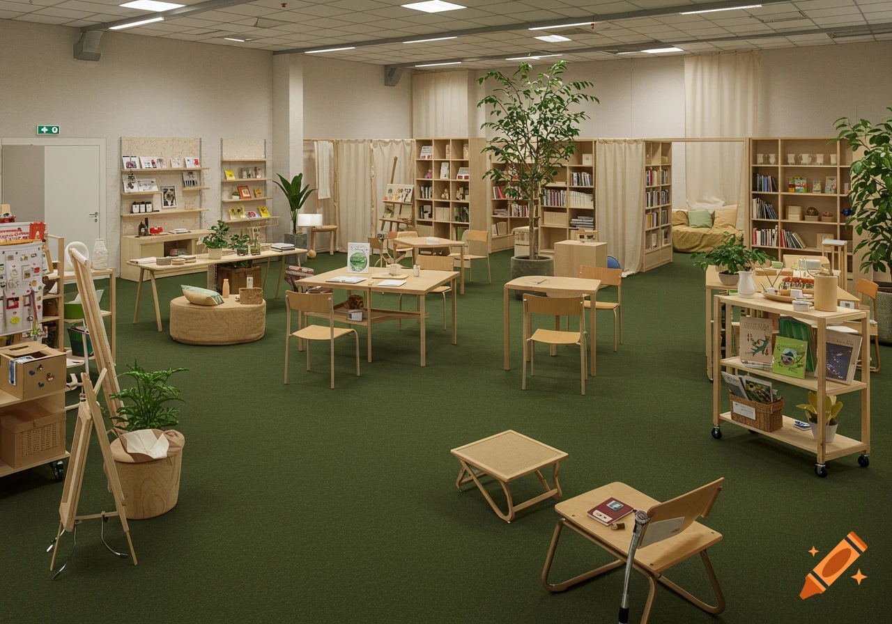 A modern, minimalist community space or bookstore with green carpet, light wood furniture including shelves, tables, and chairs, and potted plants.