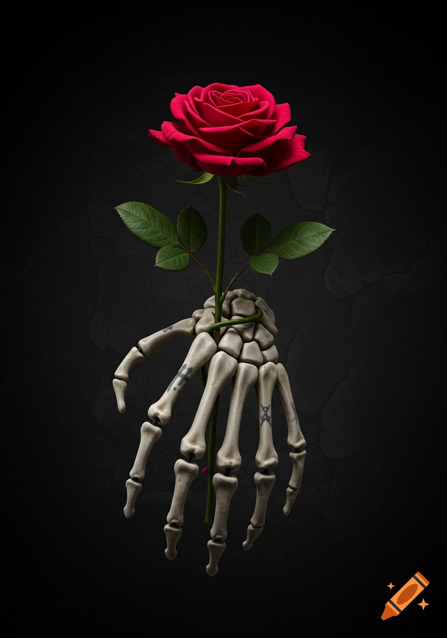 A realistic skeletal hand with tattoos holds a vibrant red rose against a dark background.