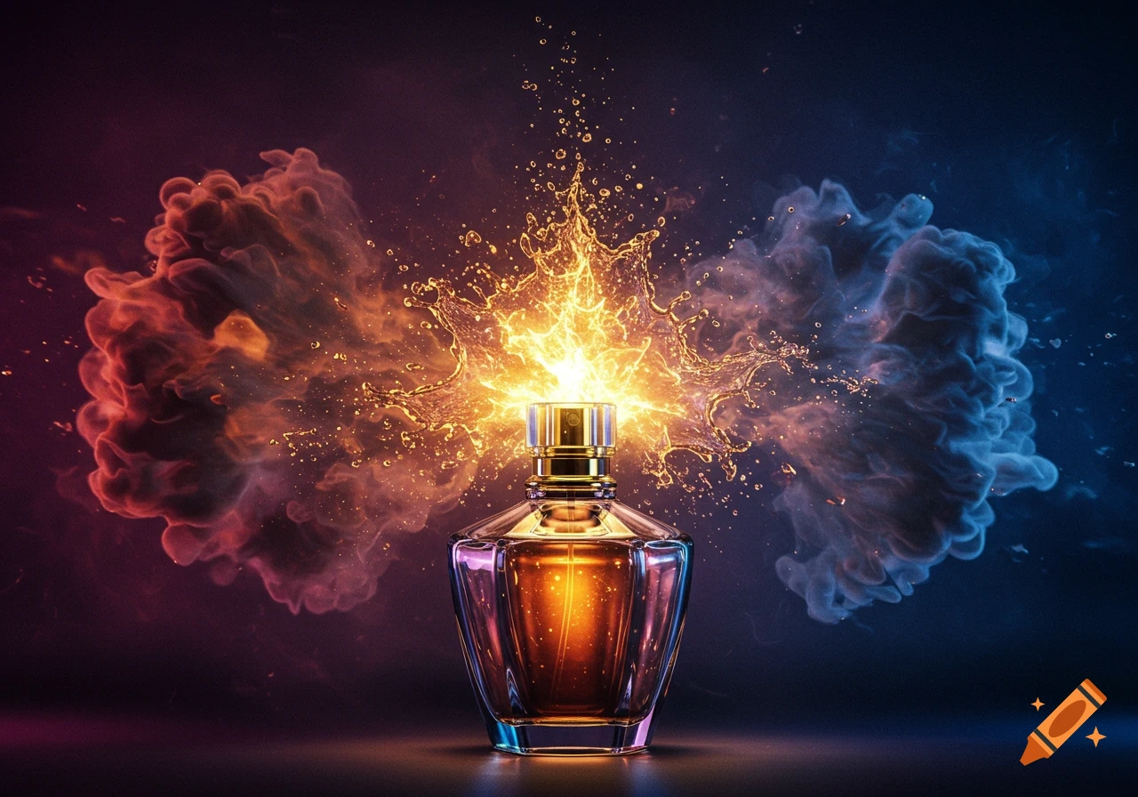 A perfume bottle with a golden cap emits a burst of glowing liquid and shimmering particles, flanked by smoky red and blue energy.