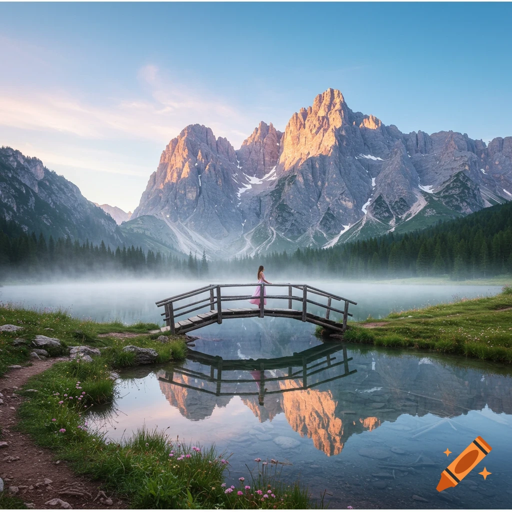 A lone person in a pink dress stands on a wooden bridge over a misty lake, with towering, sunlit mountains and a forest in the background.