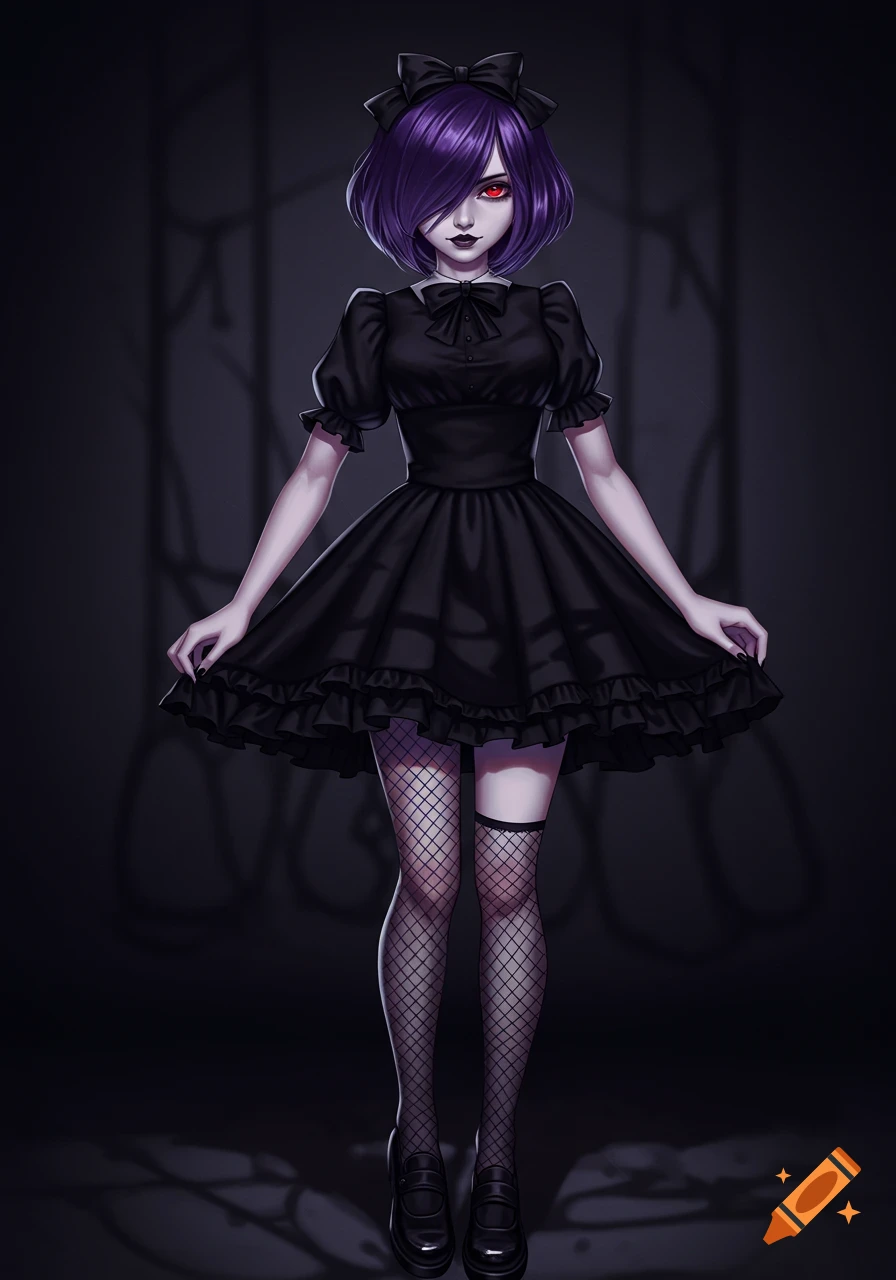 An anime girl with purple hair, red eyes, and pale skin wears a short black gothic dress, fishnet stockings, and black shoes.