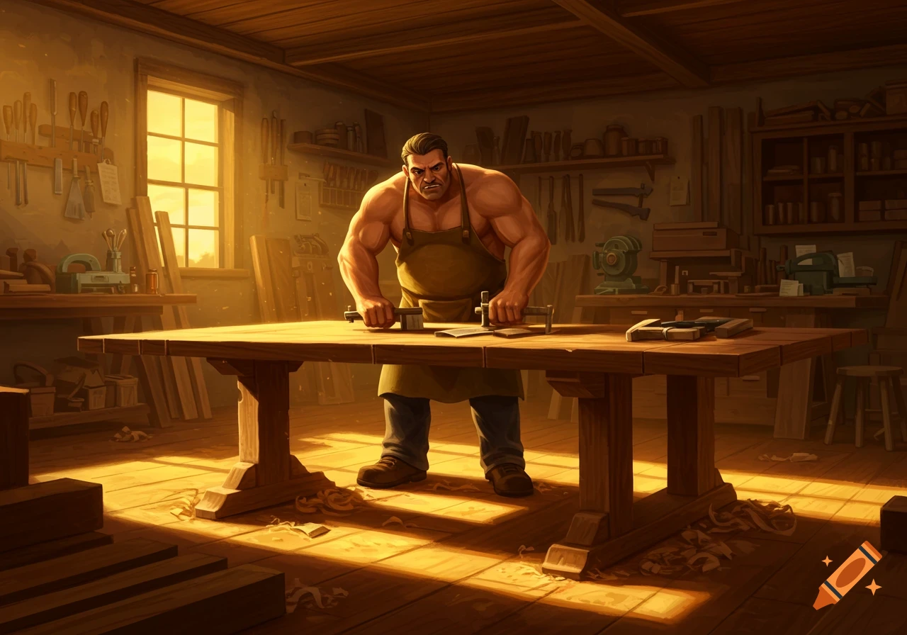 A muscular man in an apron works on a wooden table in a sunlit woodworking workshop, surrounded by tools.