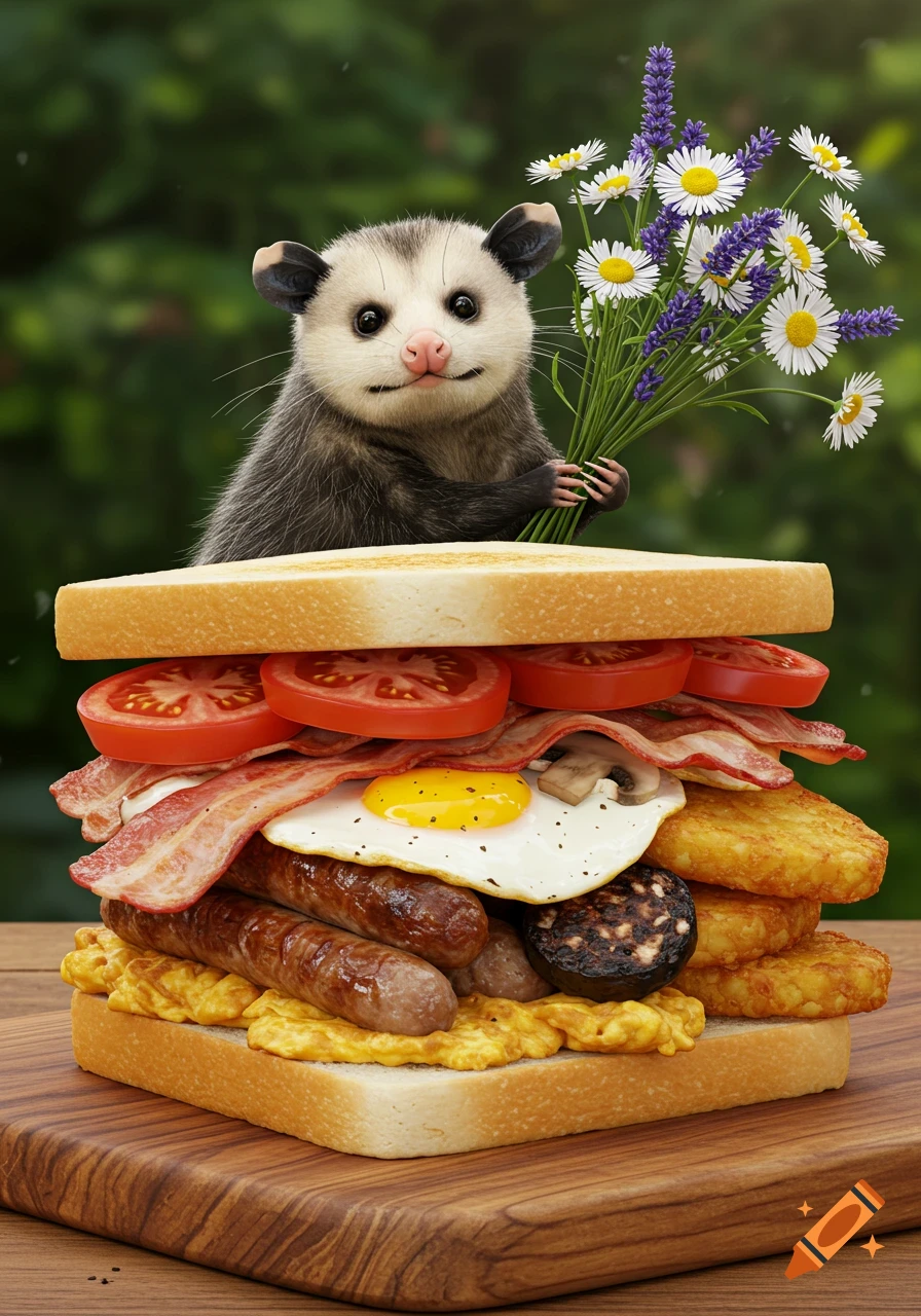 A photorealistic opossum holds a bouquet of flowers behind a giant breakfast sandwich on a wooden board, with a green background.