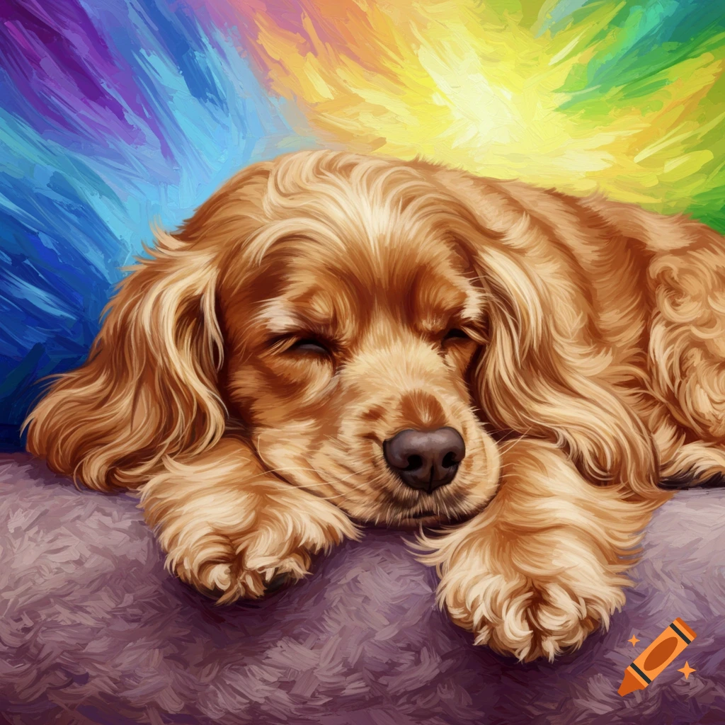 A stylized painting of a light brown cocker spaniel sleeping peacefully on a purple surface, against a vibrant, multicolor background of blues, yellows, and greens.
