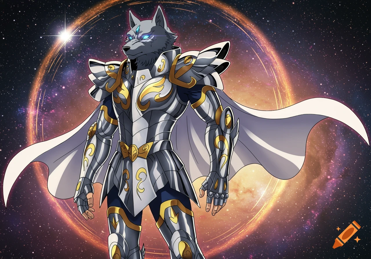 An anime wolf knight in detailed silver and gold armor stands before a cosmic background with stars and a glowing ring.