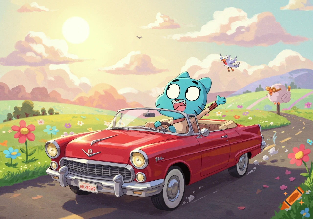 Gumball, a blue cartoon cat, joyfully drives a red vintage convertible down a winding road through a sunny, flower-filled meadow.