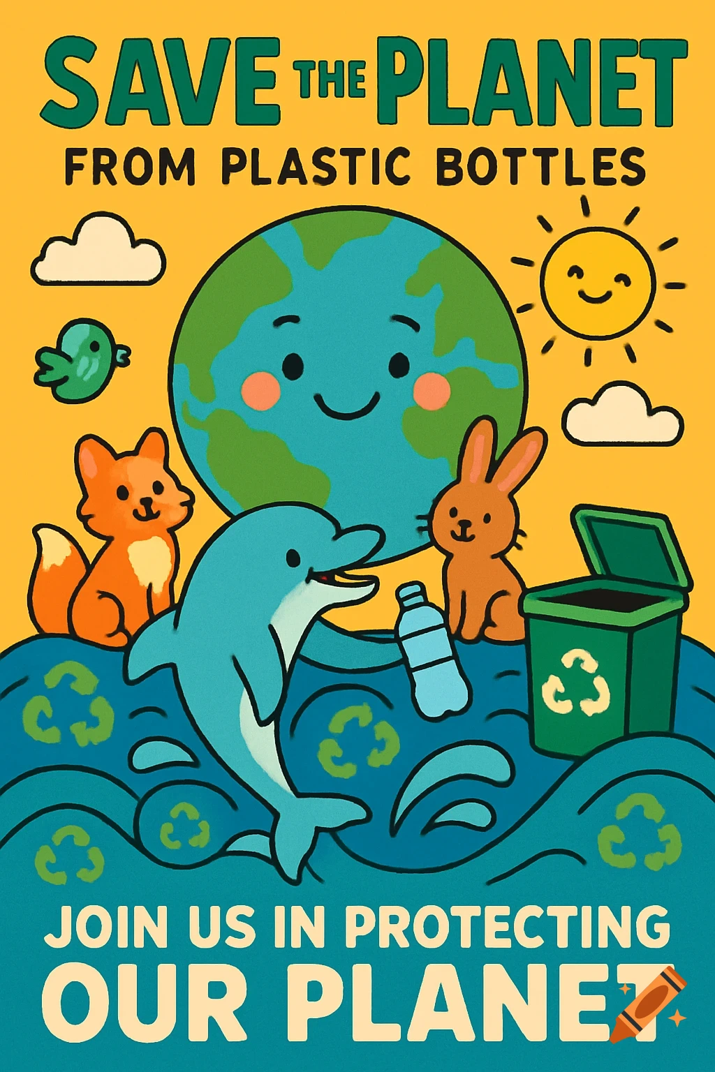 A vibrant cartoon environmental poster with a smiling Earth, animals, and text 'SAVE THE PLANET FROM PLASTIC BOTTLES'.