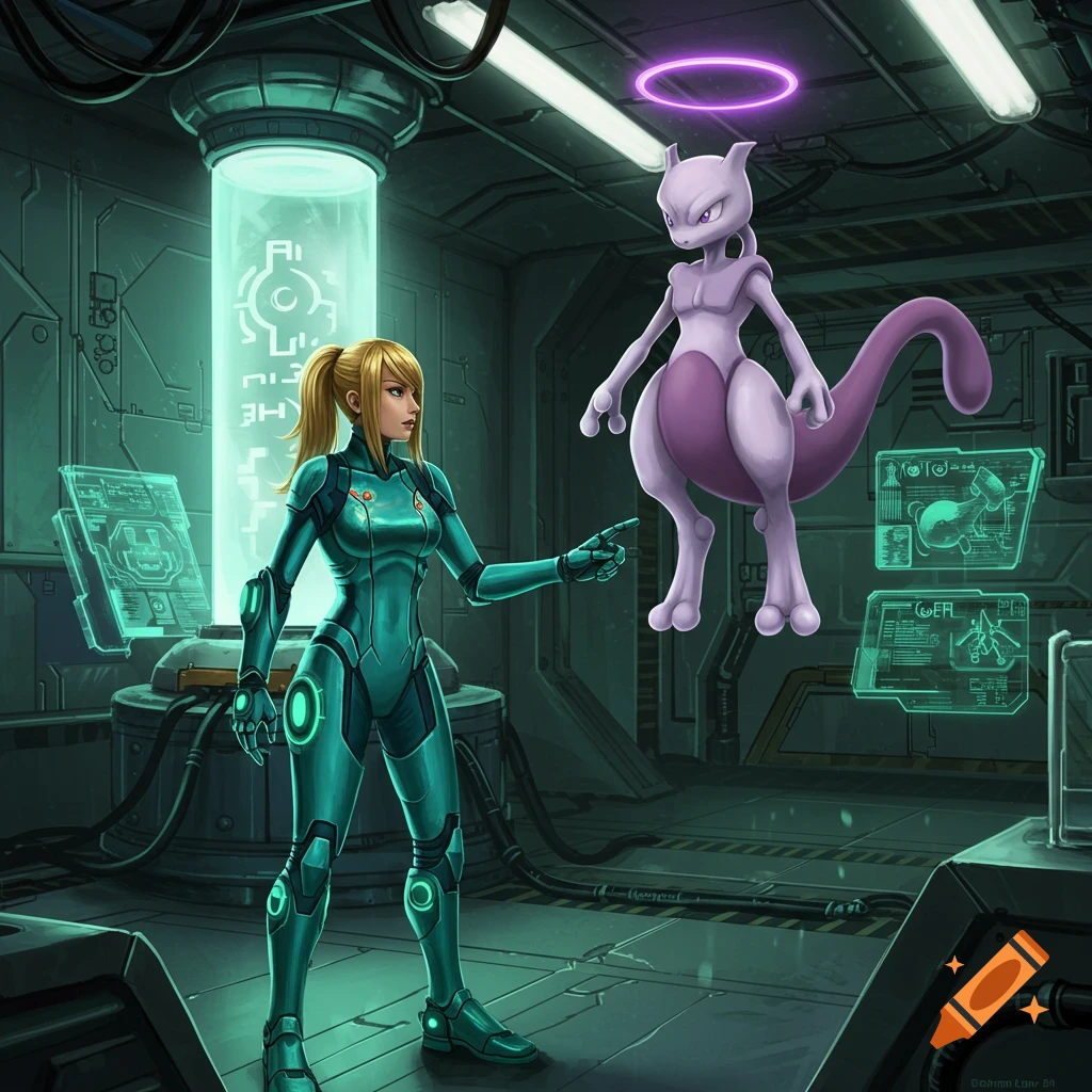 Samus in a teal and black suit points at Mewtwo, who floats with a purple halo in a futuristic lab with glowing screens and a large containment tube.