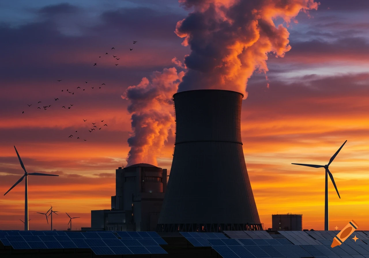 Industrial power plant with a cooling tower, wind turbines, and solar panels silhouetted against a vibrant sunset sky.