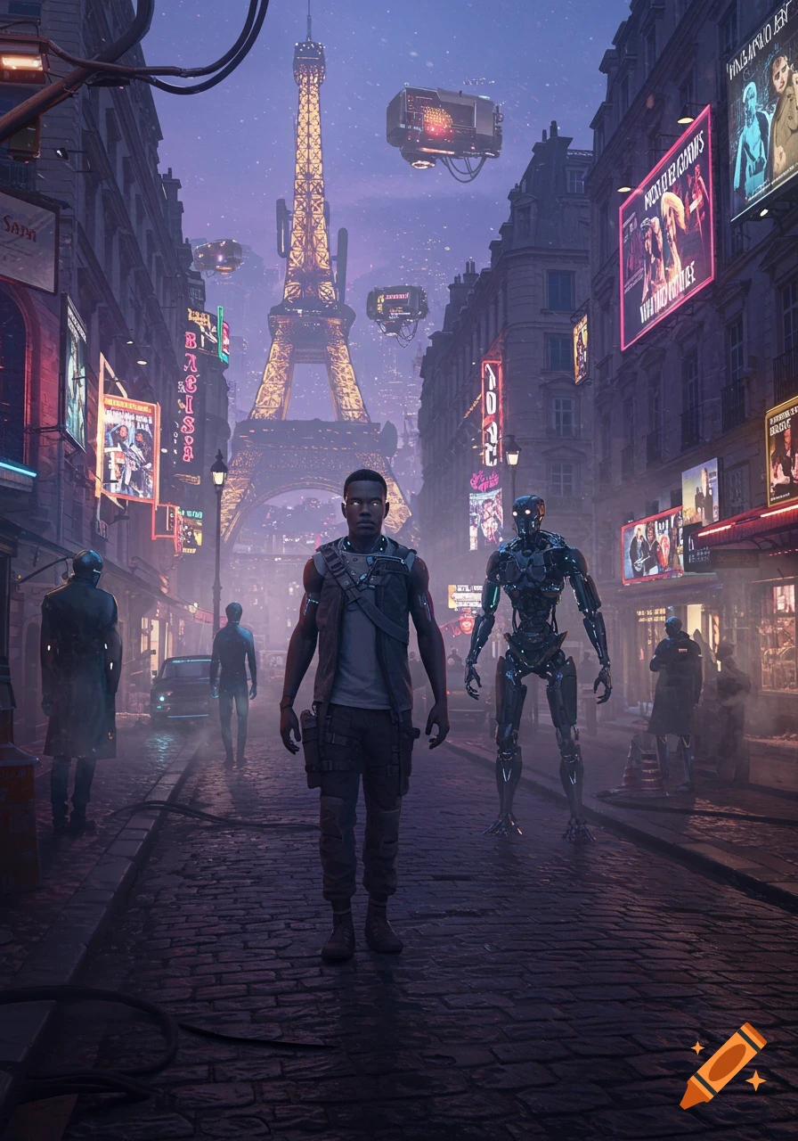 A Black man and a robot stand on a cobblestone street in a neon-lit, futuristic Paris with the Eiffel Tower in the background.