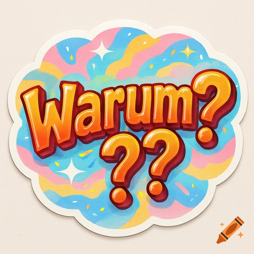 A vibrant sticker featuring the word 'Warum??' (Why??) in shiny orange bubble letters, set against a pastel cloud with colorful swirls and stars.