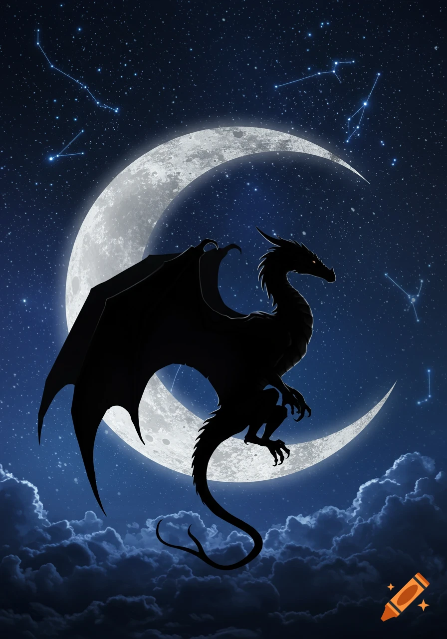 Silhouette of a dragon with spread wings sitting on a crescent moon in a starry night sky with clouds.