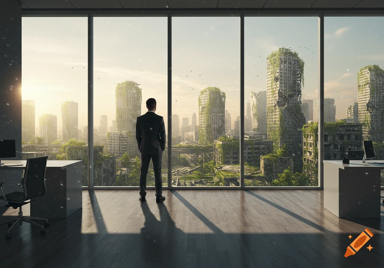 A man in a suit looks out a large window from an office at a post-apocalyptic city with overgrown, ruined skyscrapers.