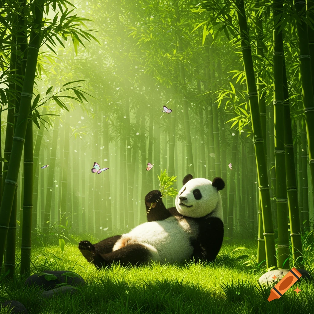 A panda relaxes on grass in a vibrant, sunlit bamboo forest, eating a bamboo shoot with butterflies flying around.
