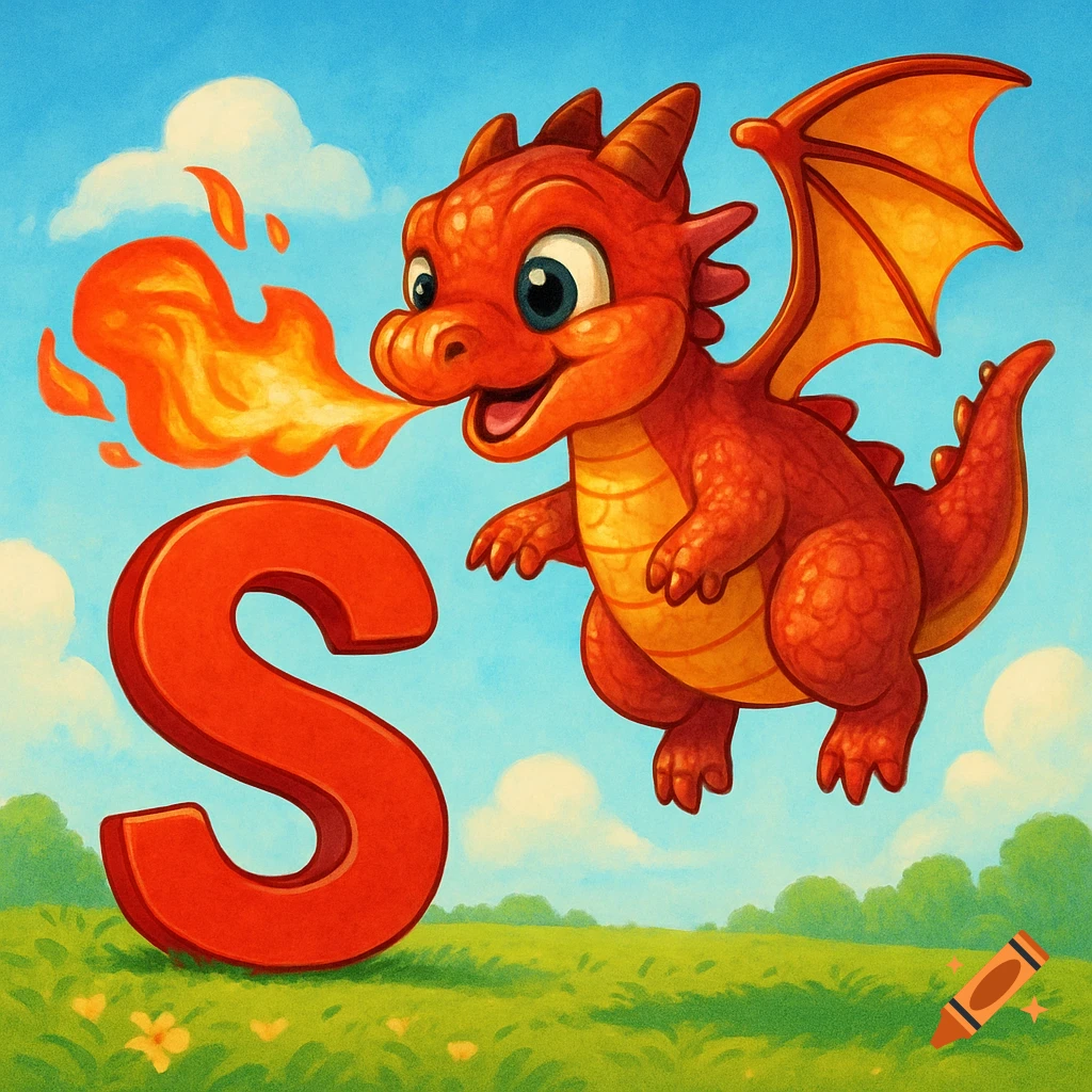 A cute cartoon red dragon flies in a blue sky above a grassy field, blowing fire towards a large red letter S.