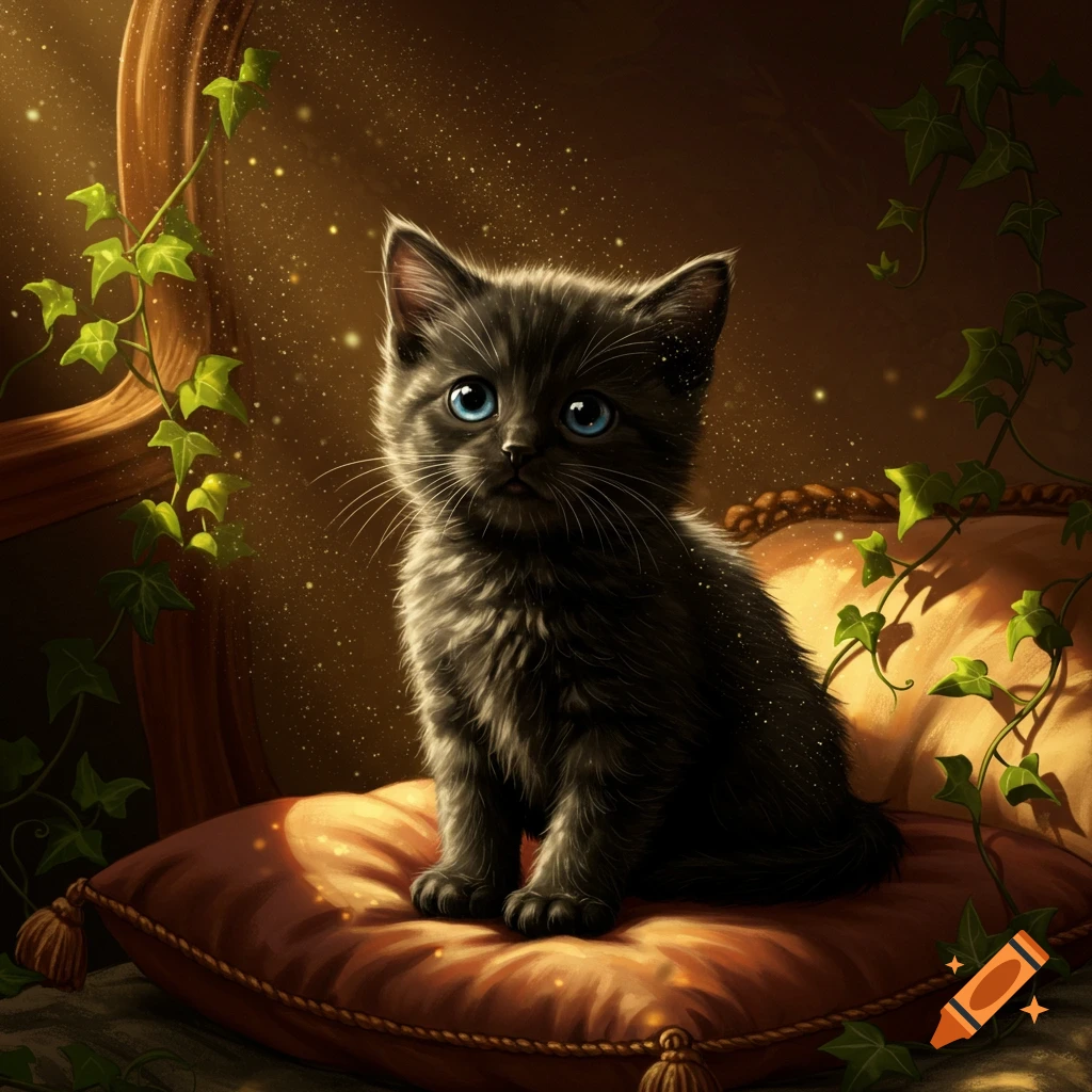 Fluffy black kitten with bright blue eyes sitting on a brown pillow amidst glowing particles and ivy.