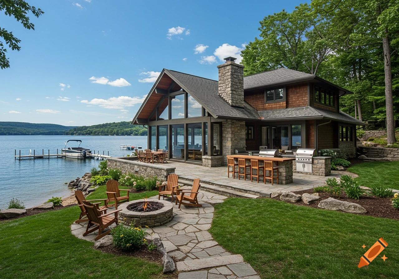 Photorealistic exterior of a mid-century modern lake house with stone patio, outdoor kitchen, firepit, and dock on a serene lake under a blue sky.