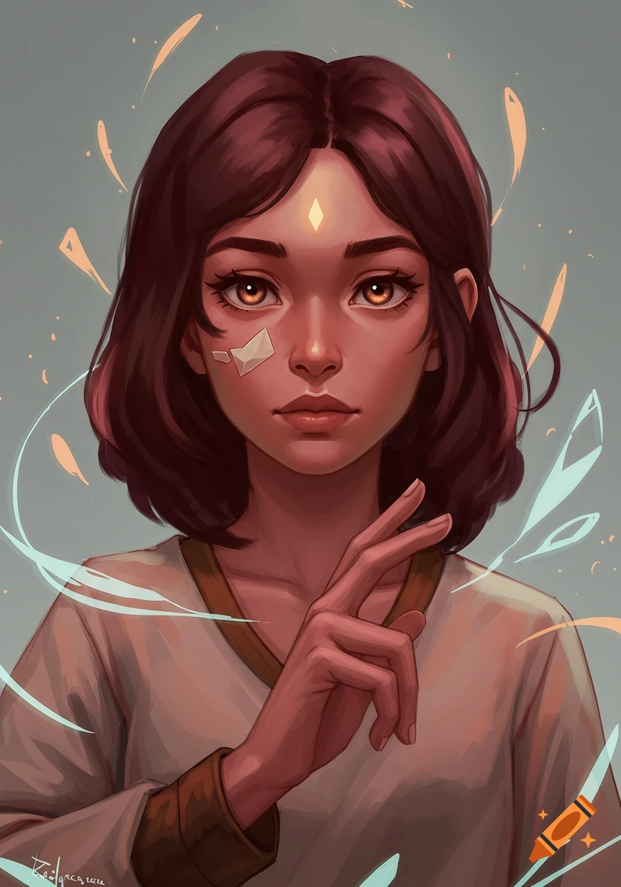 Semi-realistic digital portrait of a woman with dark hair, glowing eyes, a forehead diamond, and a hand gesture amidst mystical light.