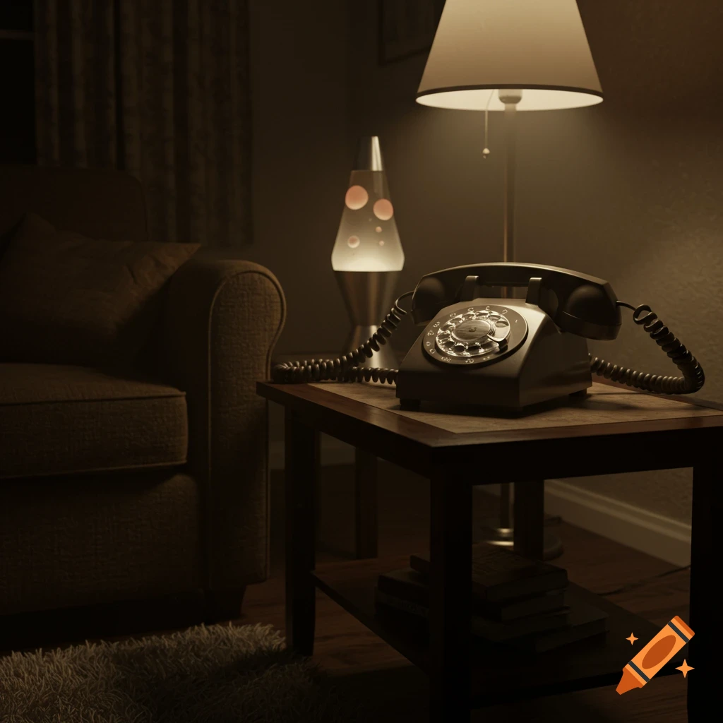 A vintage black rotary telephone on a dark wooden end table, next to a sofa, lit by a lamp and a lava lamp in a dimly lit room.