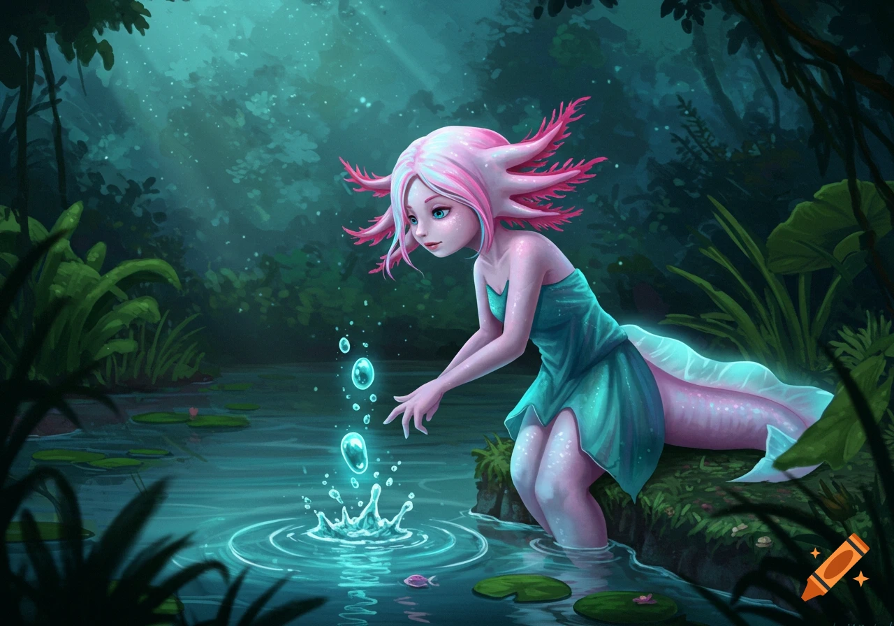 A pink and white axolotl girl with bright blue eyes and gills, wearing a teal dress, gently touching glowing water in a mystical, lush green forest pond.