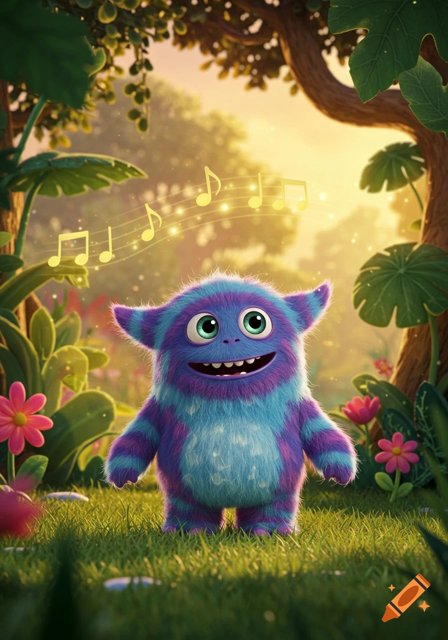 A vibrant, fuzzy blue and purple monster smiles under floating musical notes in a sunlit fantasy forest.