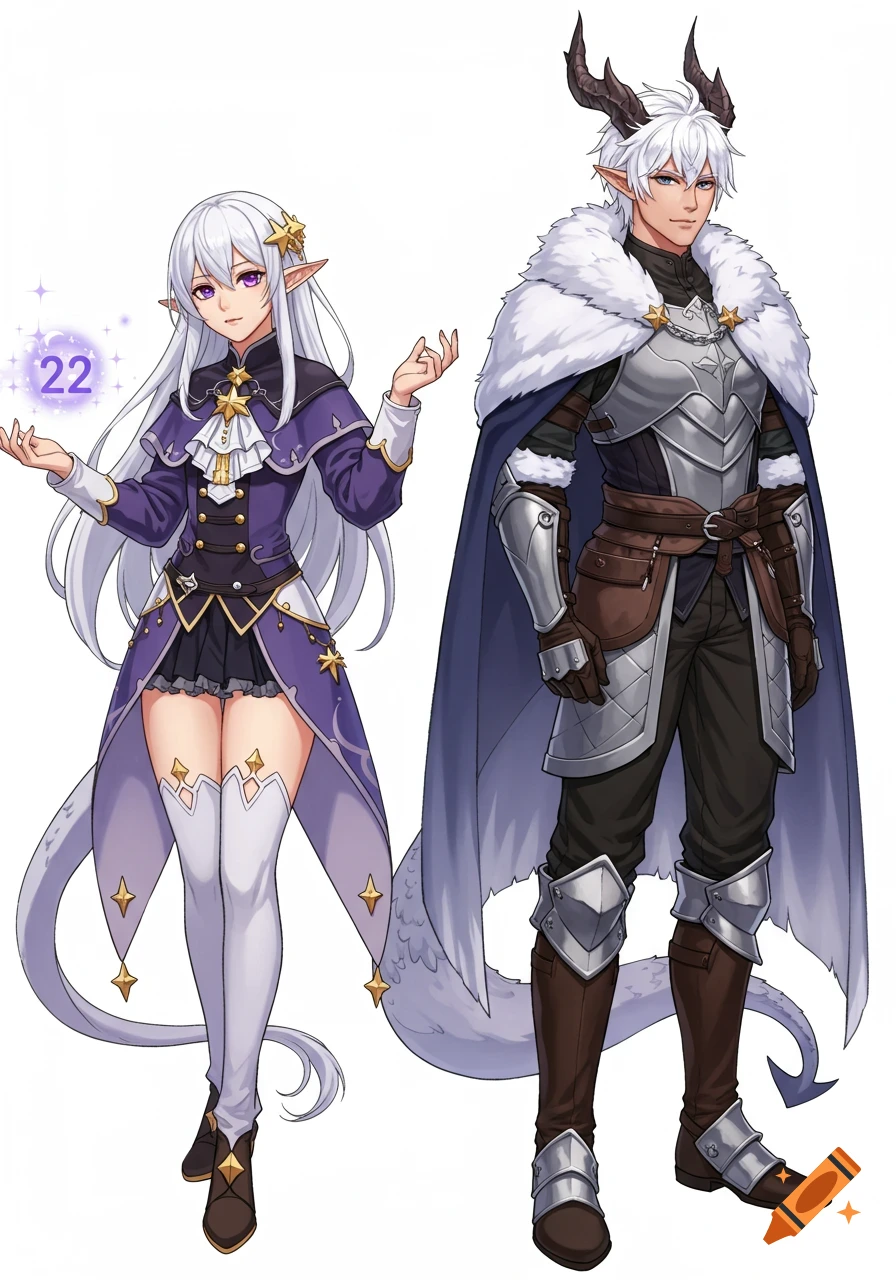 Full body anime illustration of a white-haired elf woman in a purple robe and a white-haired dragonkin man in armor and a fur-lined cape.