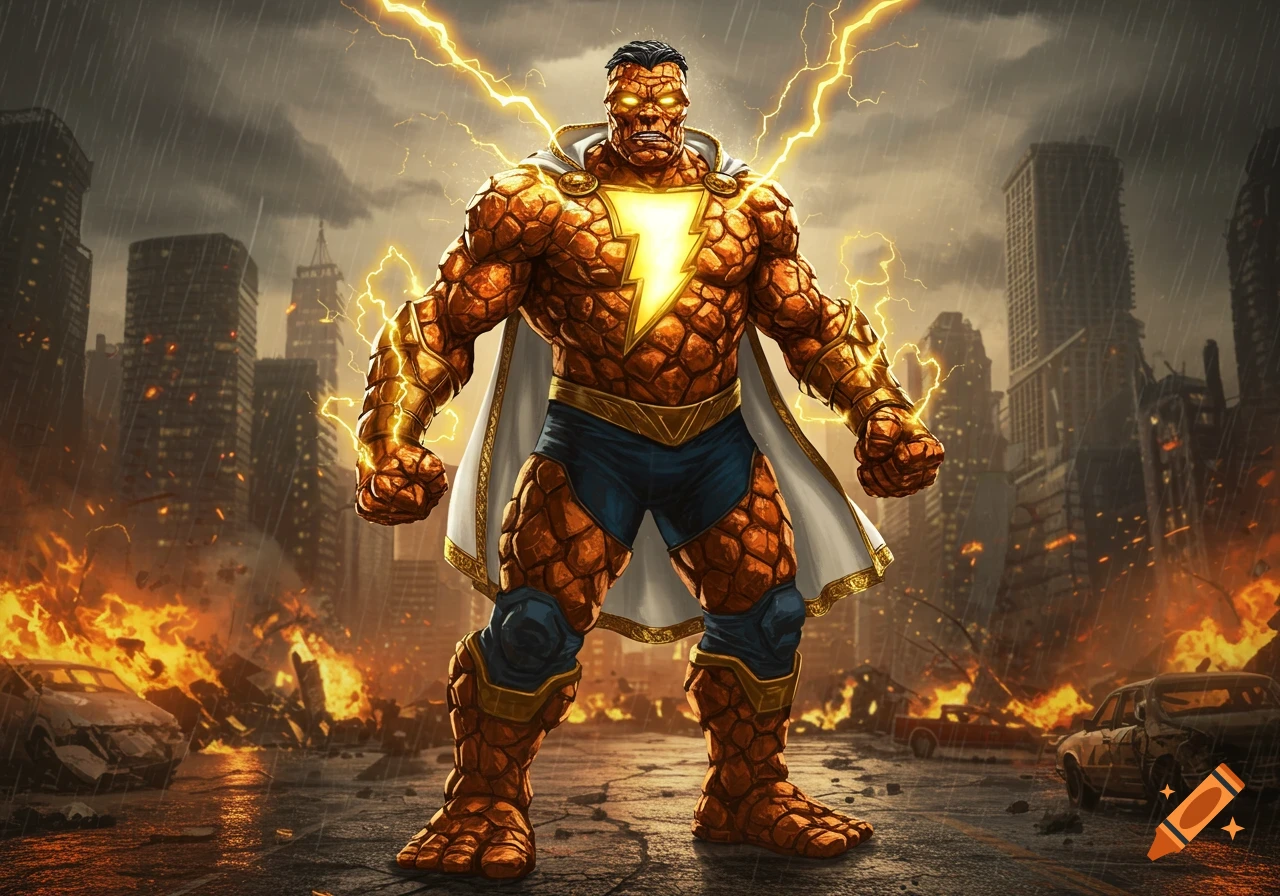 A powerful superhero with orange rock-like skin, a white cape, and a glowing lightning bolt on his chest, stands in a fiery, rain-swept ruined city.