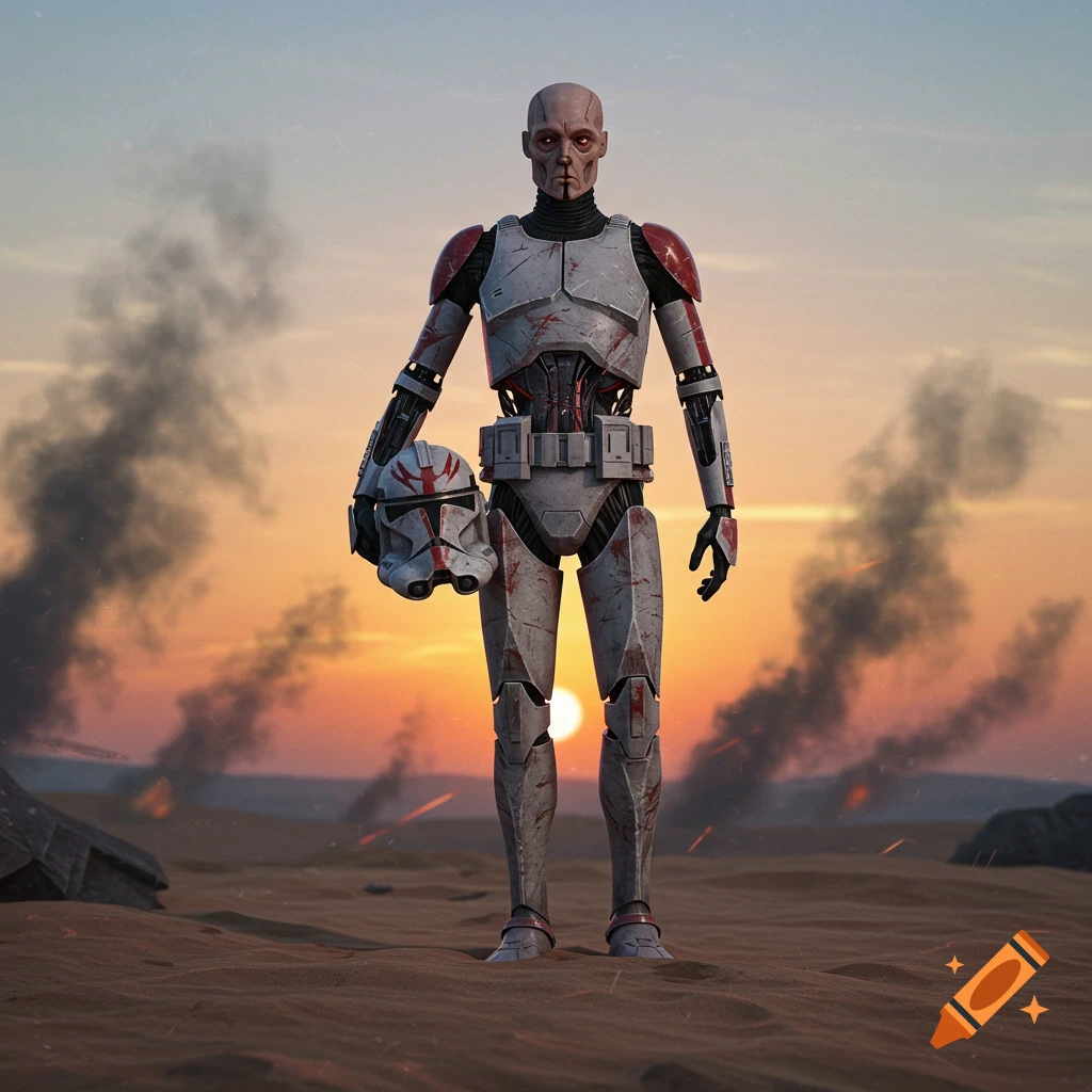 A cybernetically replaced Star Wars Clone Trooper stands in a desert battlefield at sunset, holding their helmet.