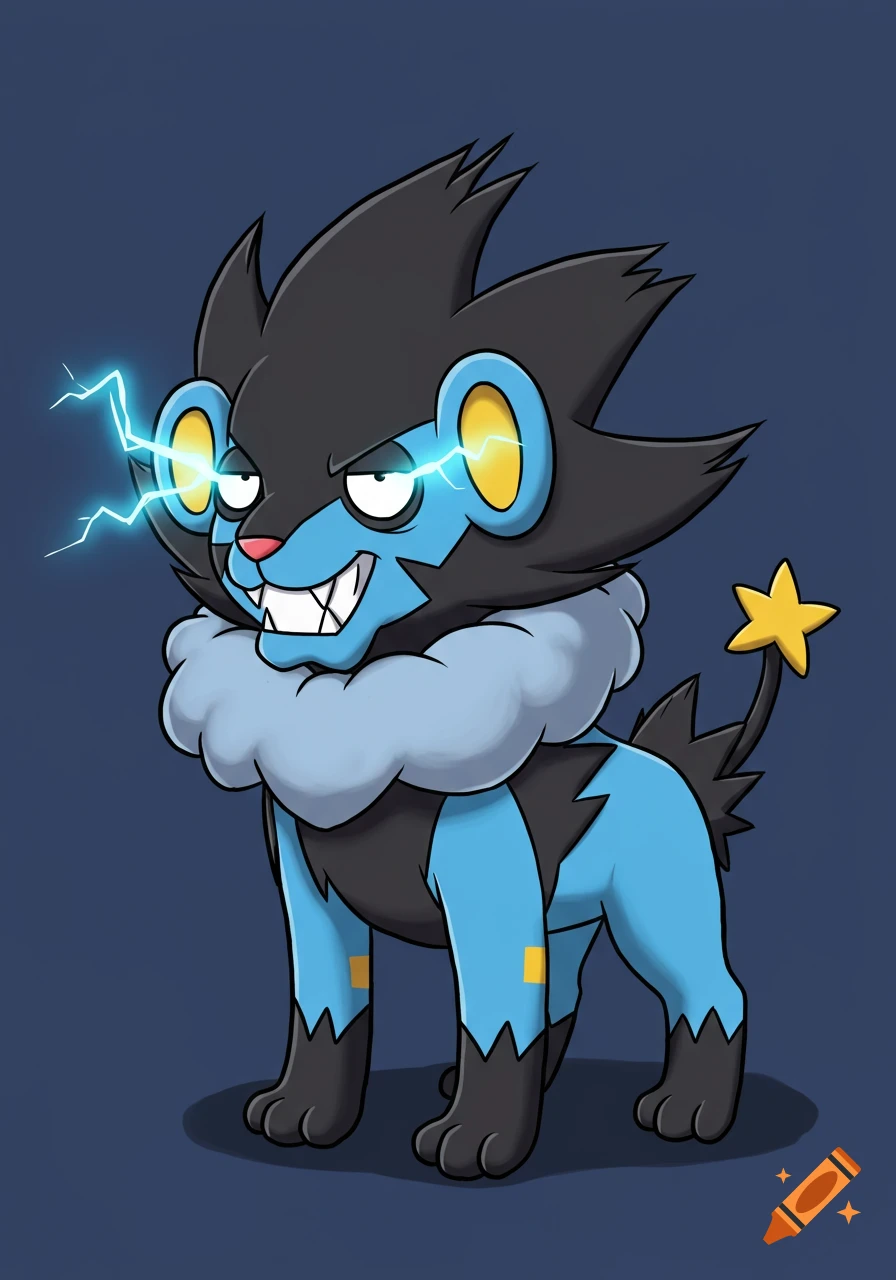 A cartoon electric-type Pokémon, Luxray, with blue and black fur, a fluffy gray collar, and glowing yellow eyes emitting lightning, grins fiercely.