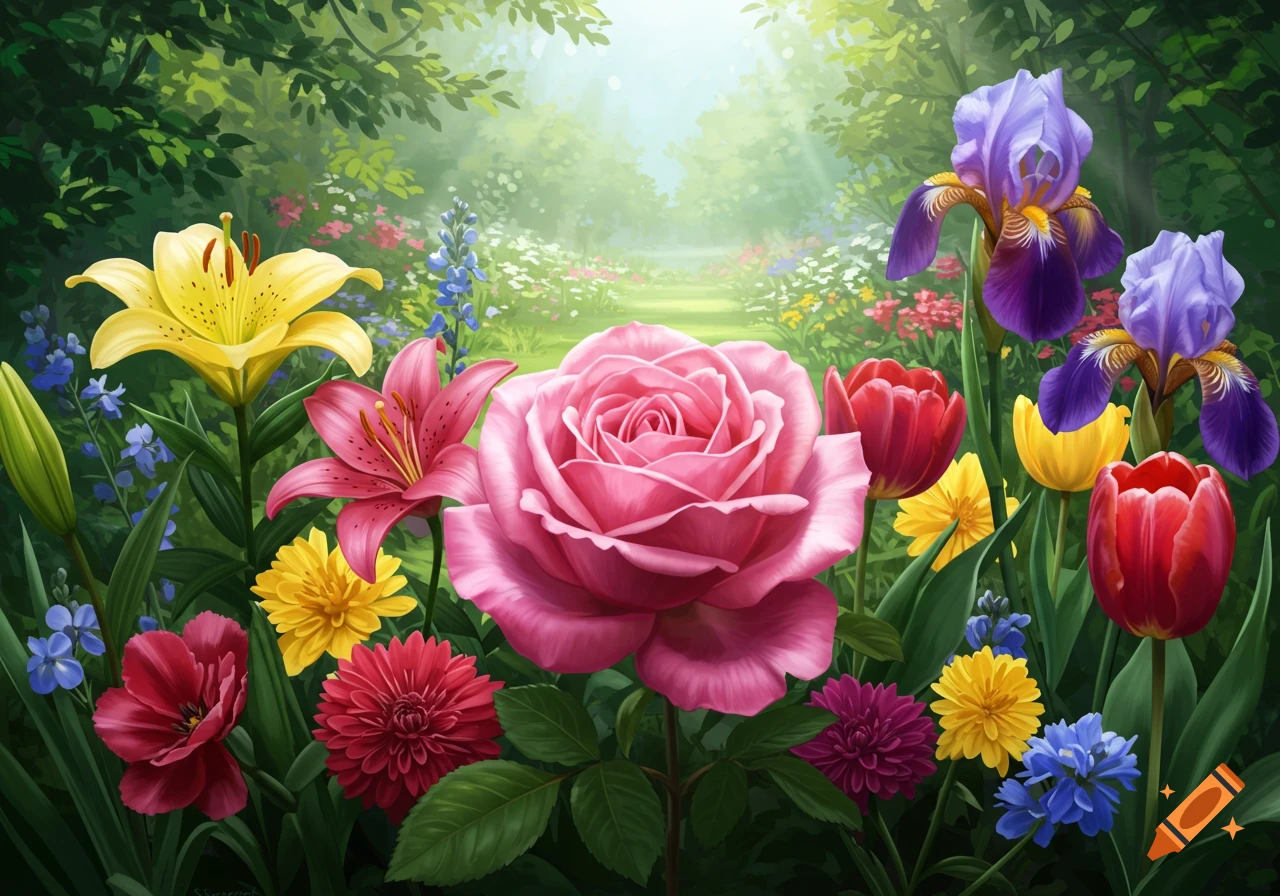 Close-up of a vibrant garden filled with a pink rose, yellow and pink lilies, red tulips, and purple irises, with a soft background of trees and a path.