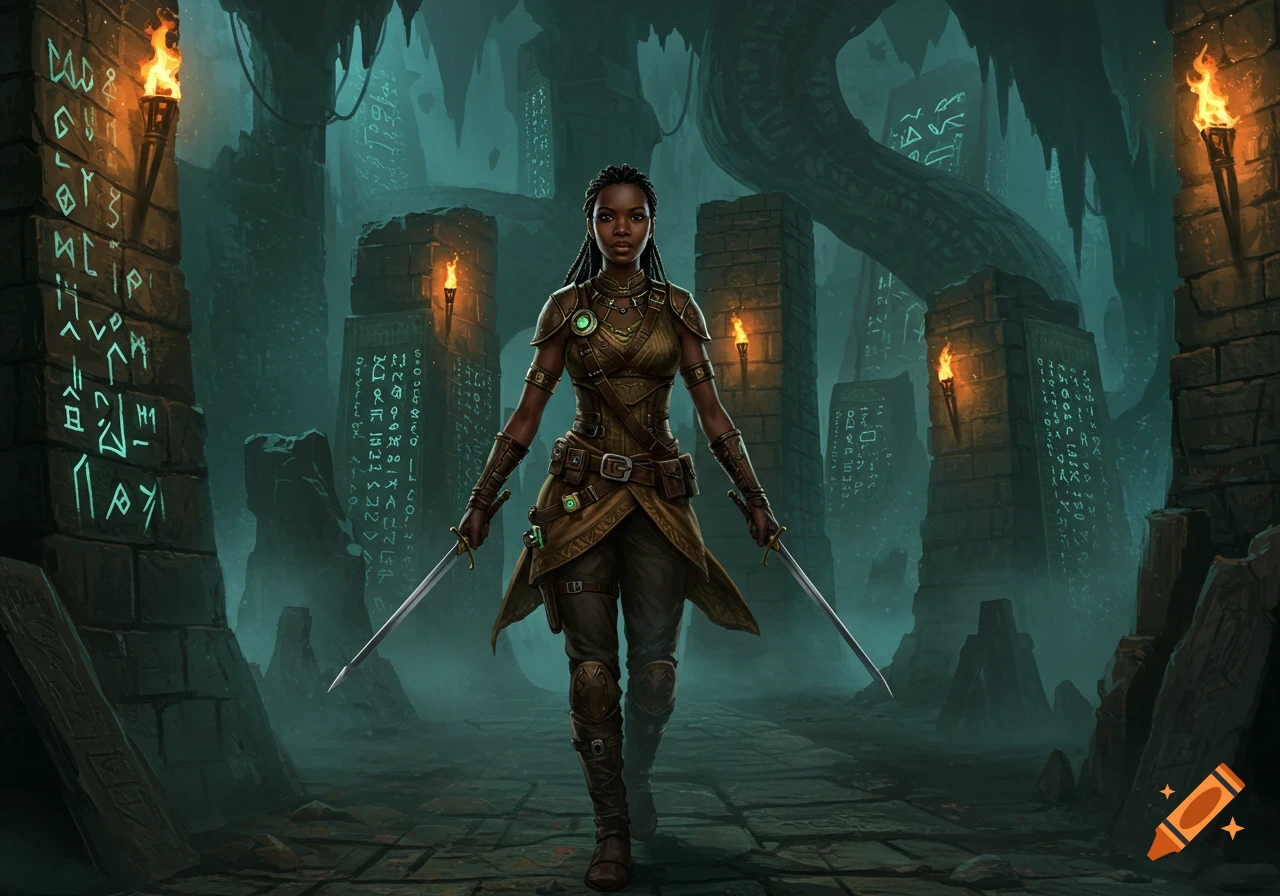 An African female treasure hunter in leather armor walks through a dark, eerie labyrinth, holding two swords, surrounded by glowing ancient symbols and torches.