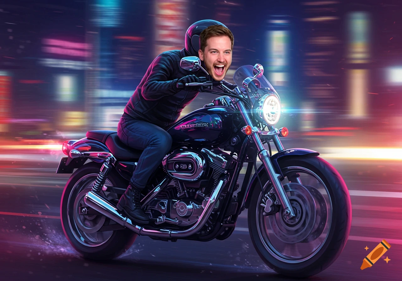 A man's head on a stylized motorcyclist body, riding a motorcycle through a neon-lit city at night.