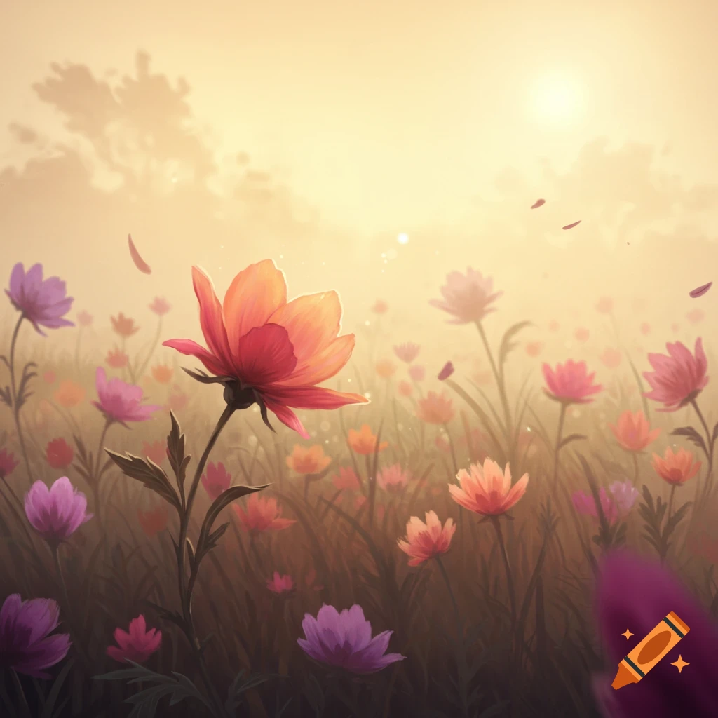 Dreamy, hazy field of vibrant red-orange, purple, and pink flowers at sunrise, with soft light and floating petals.
