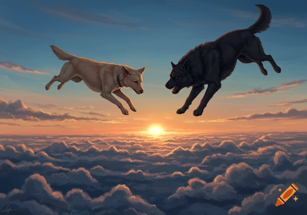 A tan dog and a black wolf-like dog leap towards each other above a sea of clouds at sunset.
