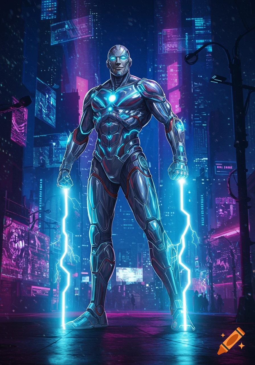 Muscular armored sci-fi superhero with glowing blue eyes and chest, holding blue lightning in a neon cyberpunk city.