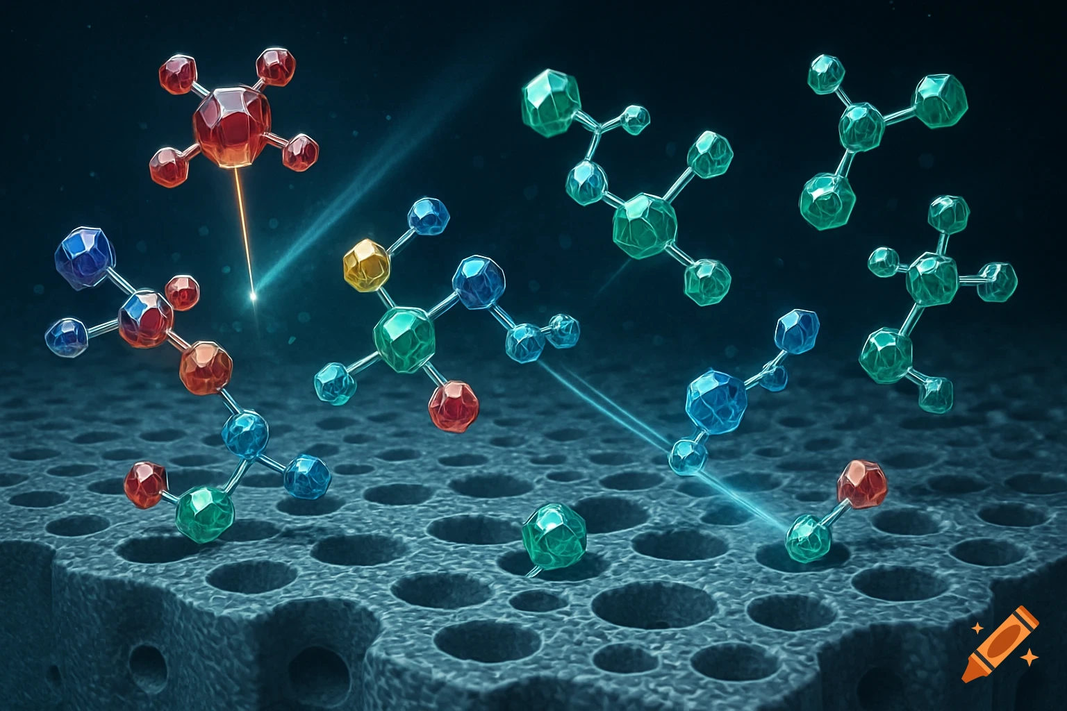 Colorful crystalline molecular structures interacting with a dark, porous surface, depicting chemical processes.