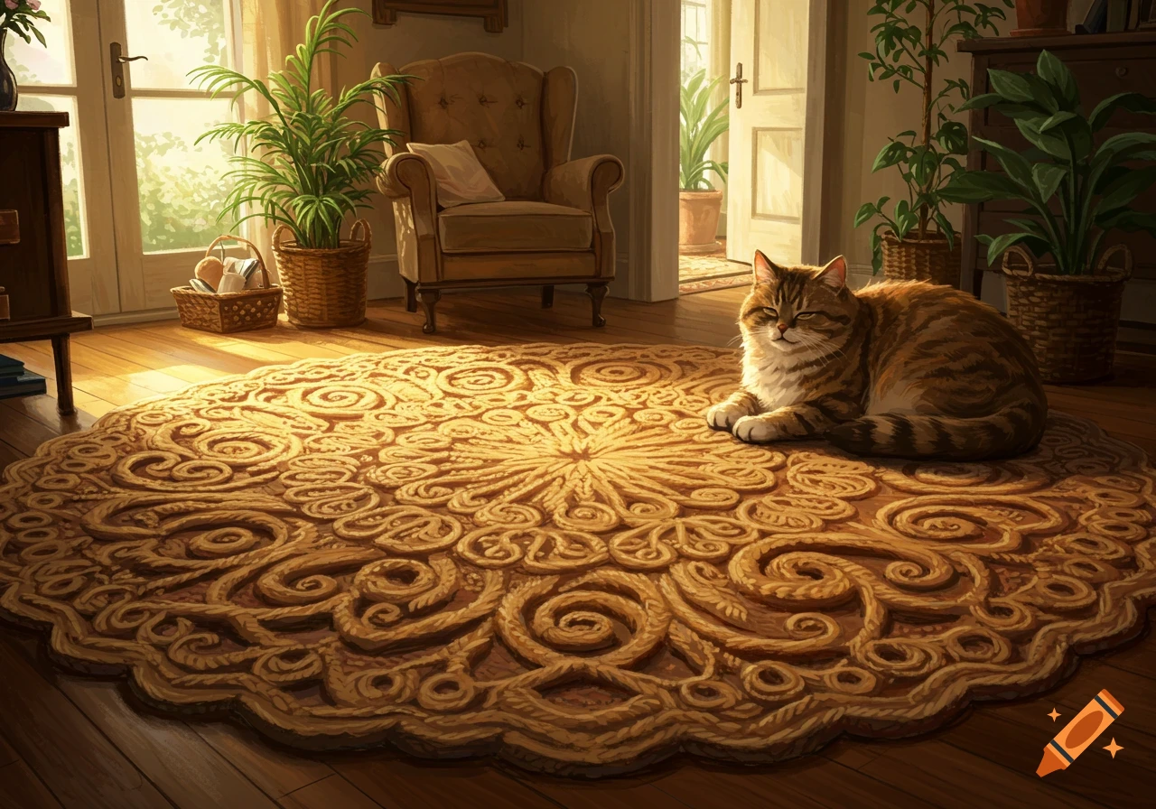 A fluffy tabby cat rests on a large, intricately patterned round rug in a sunlit room filled with houseplants.