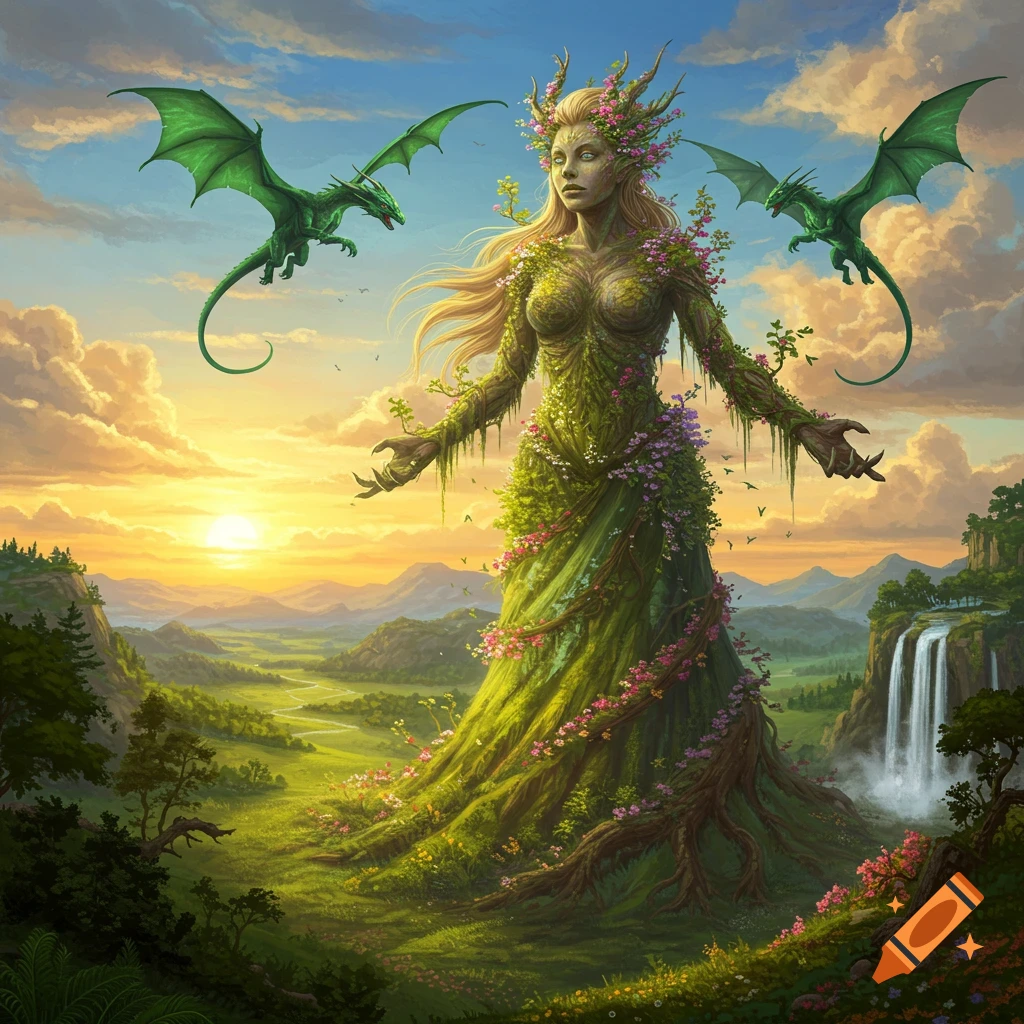 A fantasy nature goddess made of plants and flowers stands in a vibrant valley with two green dragons flying at sunset, a waterfall on the right.