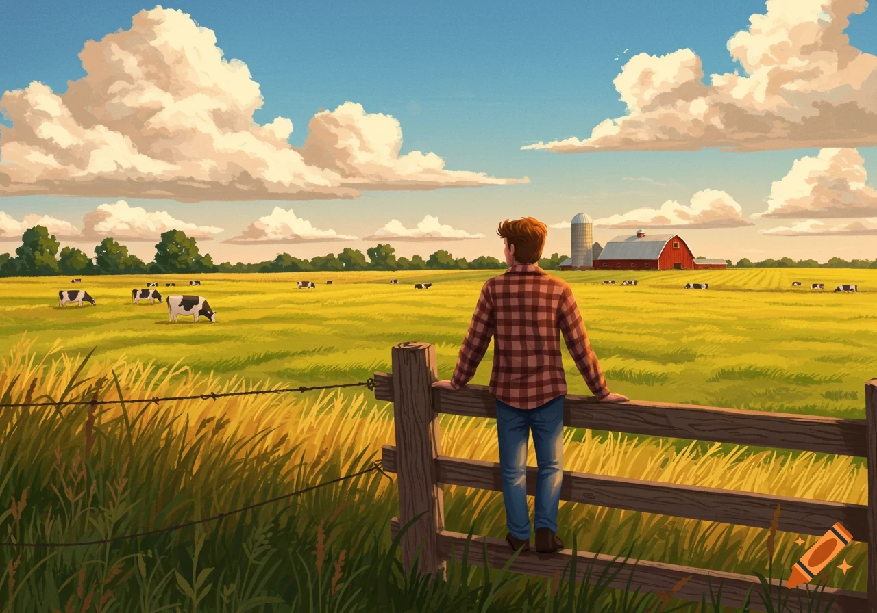 An illustration of a person in a plaid shirt looking at a farm field with cows, a barn, and a silo under a cloudy sky.