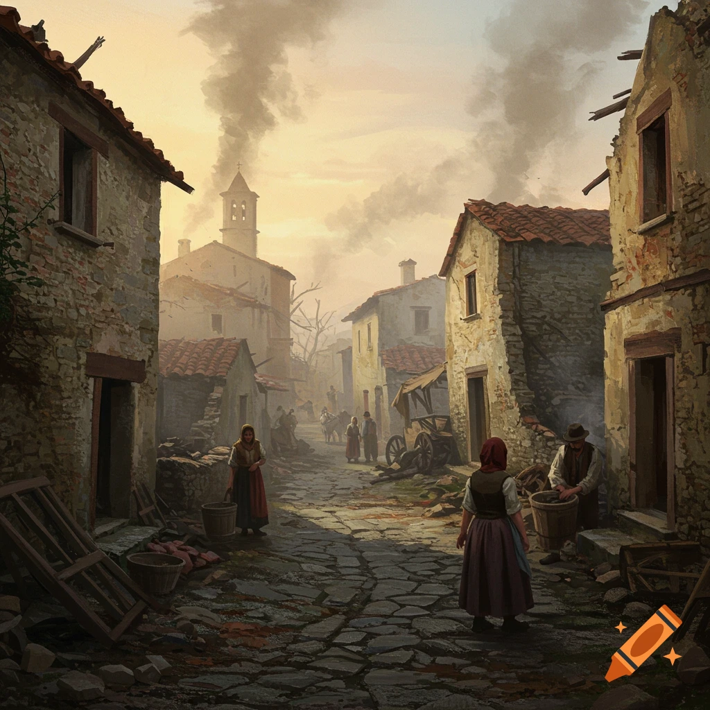 Digital painting of a somber, old European village street with stone houses and people, with smoke rising in the distance.